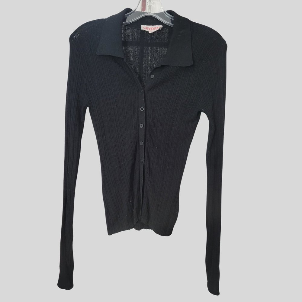 BLACK CALVIN KLEIN RIBBED KNIT BUTTON FRONT LONG SLEEVED SWEATER SIZE L